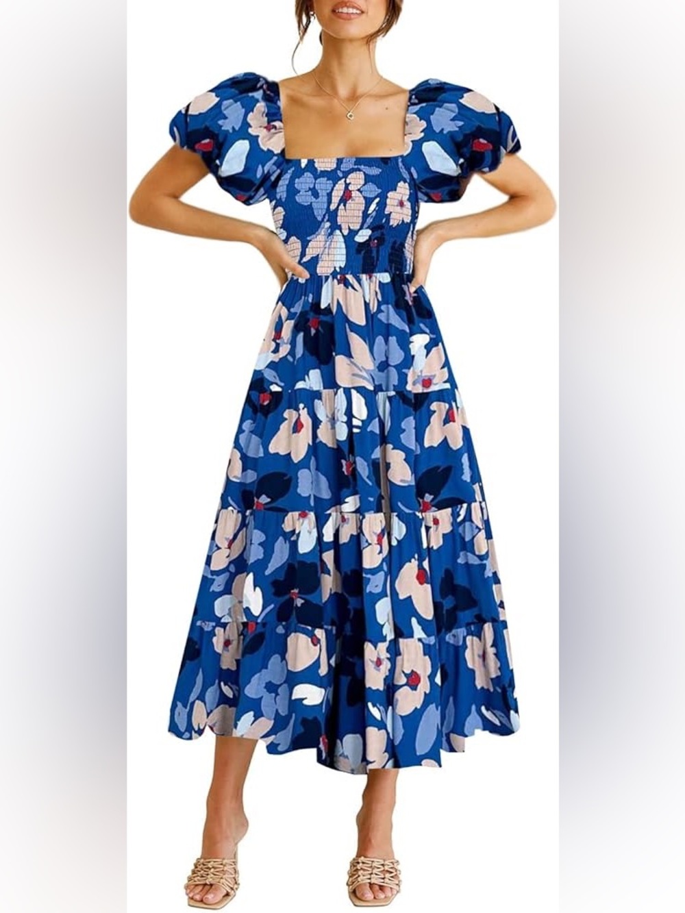 Red, White, and Blue Floral Maxi Dress with Puff Sleeves